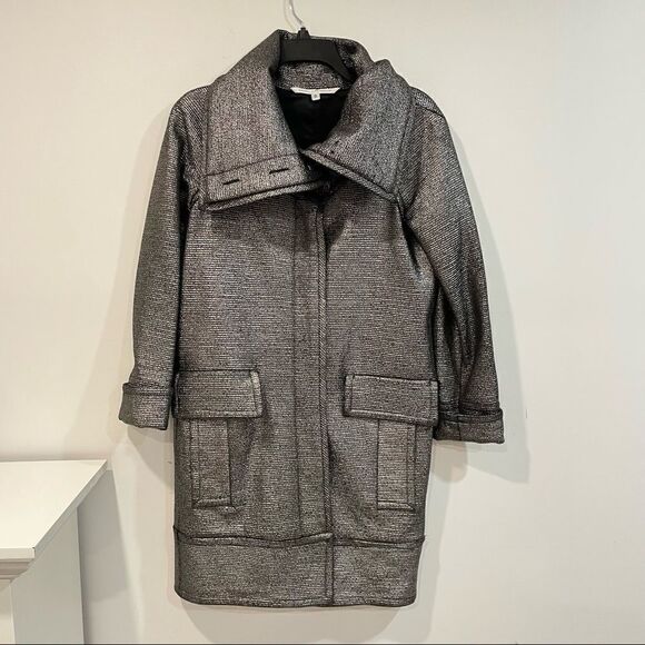 Diane von Furstenberg Silver Glitter Peacoat Front pockets Wool - Picture 1 of 11